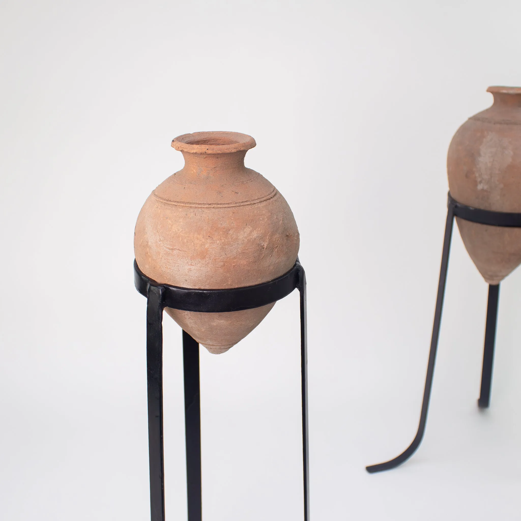 Vintage Oil Jar with Iron Stand. Vintage Terracotta vase, small.