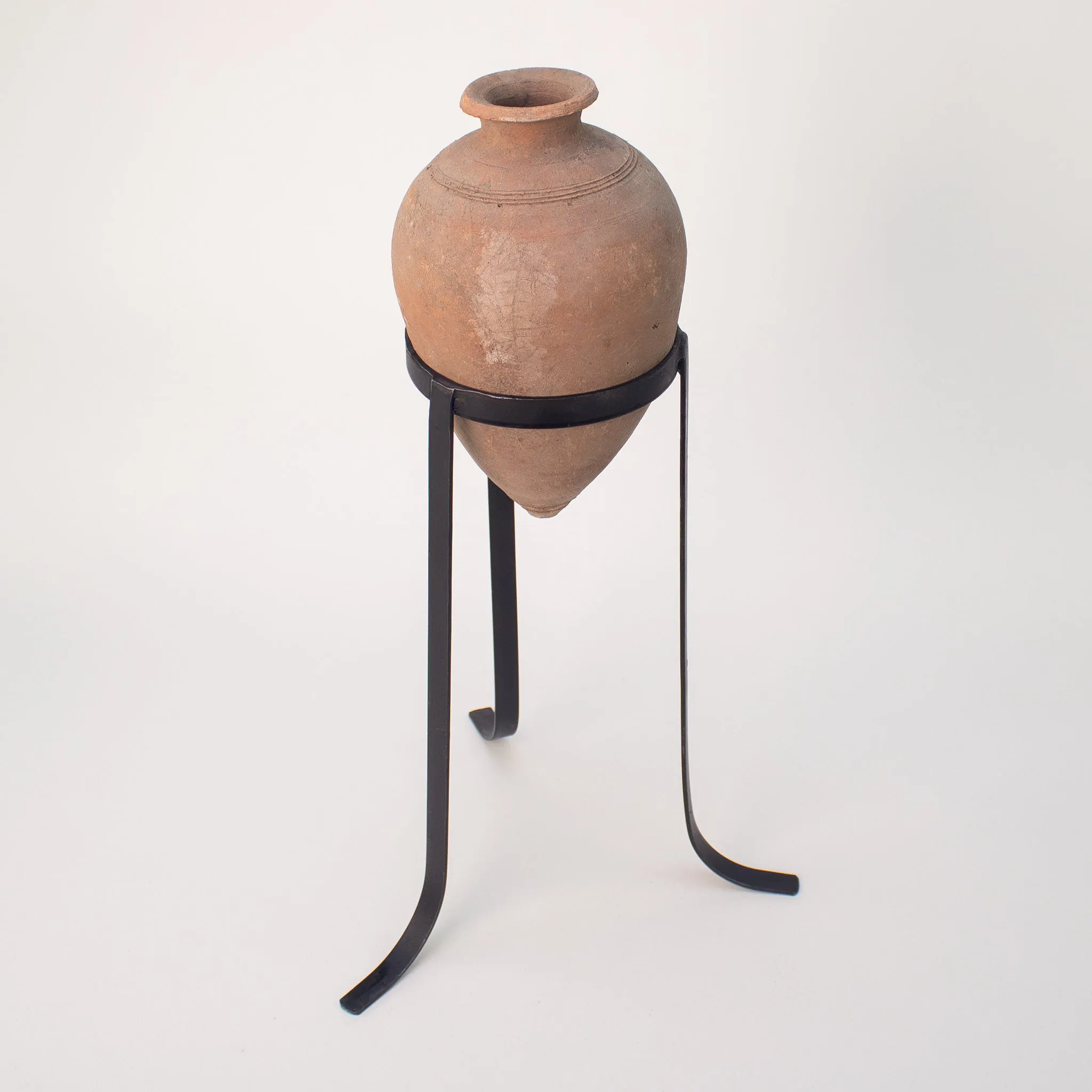 Vintage Oil Jar with Iron Stand. Vintage Terracotta Vase.