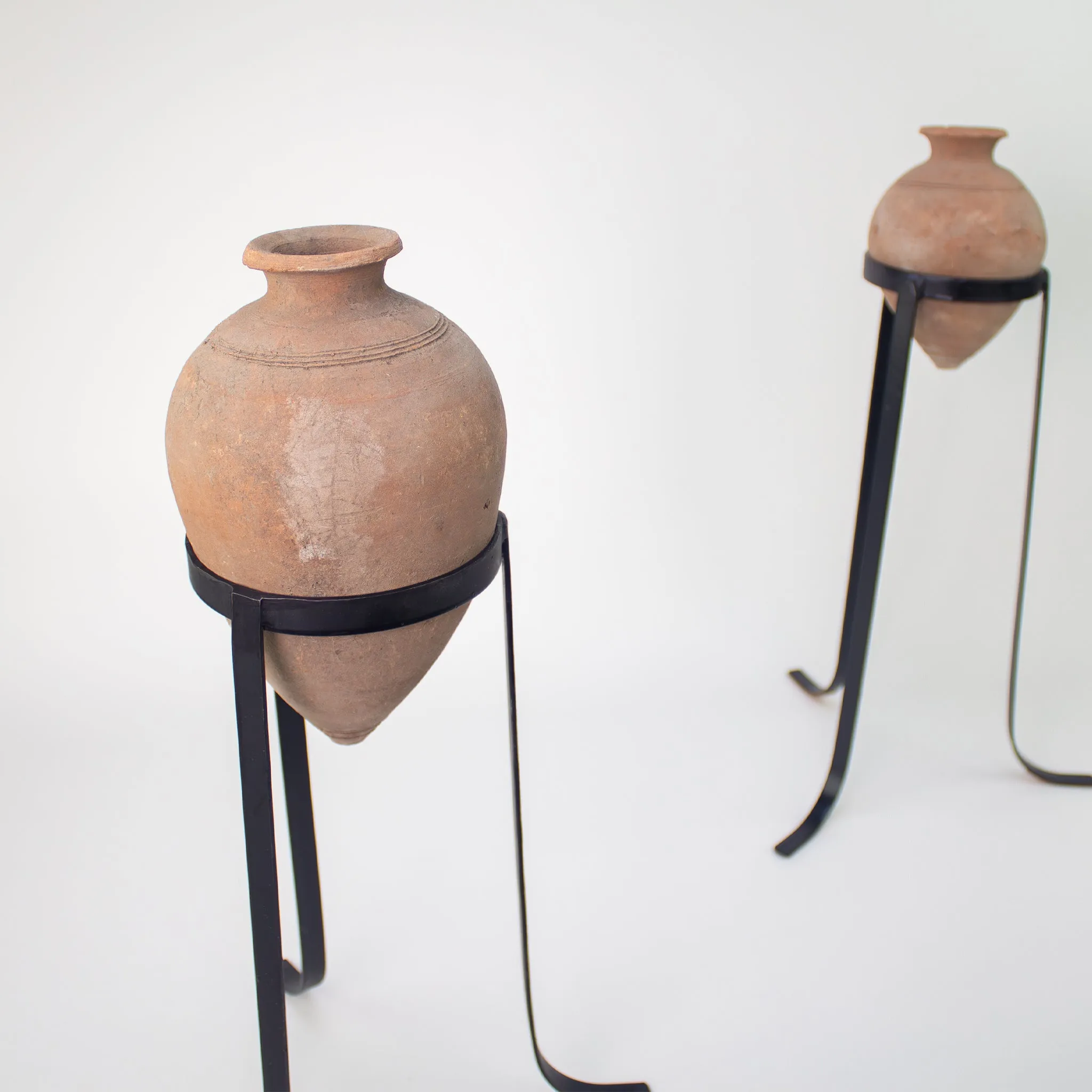 Vintage Oil Jar with Iron Stand. Vintage Terracotta Vase.
