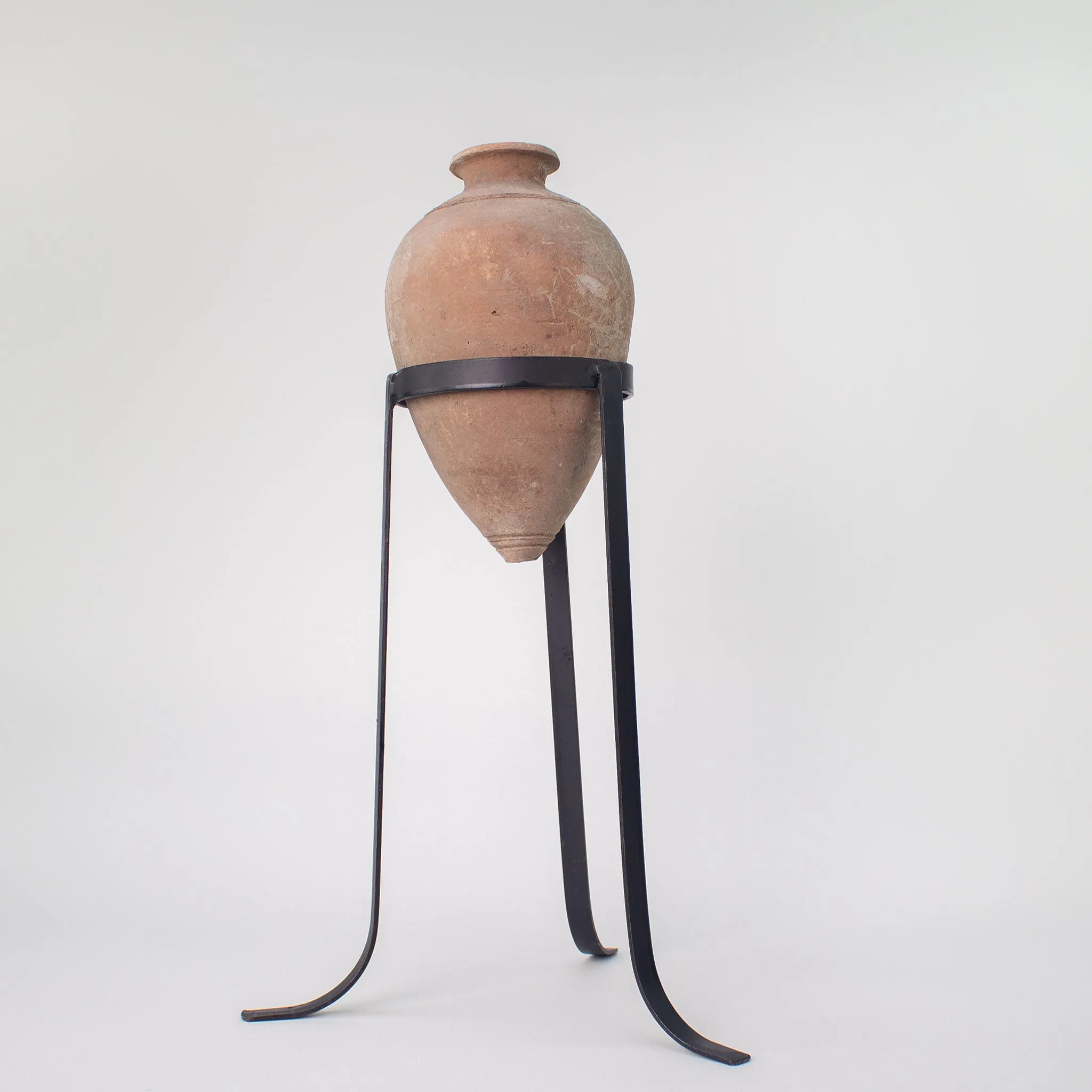 Vintage Oil Jar with Iron Stand. Vintage Terracotta Vase.