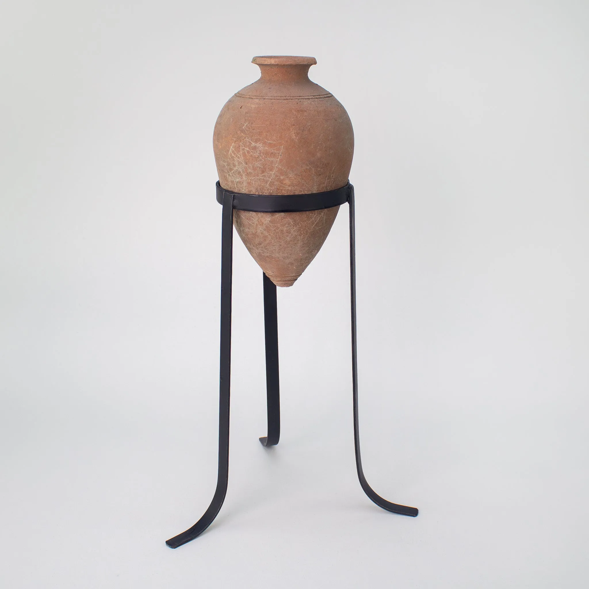Vintage Oil Jar with Iron Stand. Vintage Terracotta Vase.