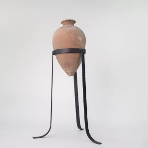 Vintage Oil Jar with Iron Stand. Vintage Terracotta Vase.