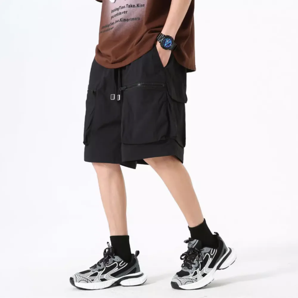 Vintage Solid Drawstring Cargo Shorts
