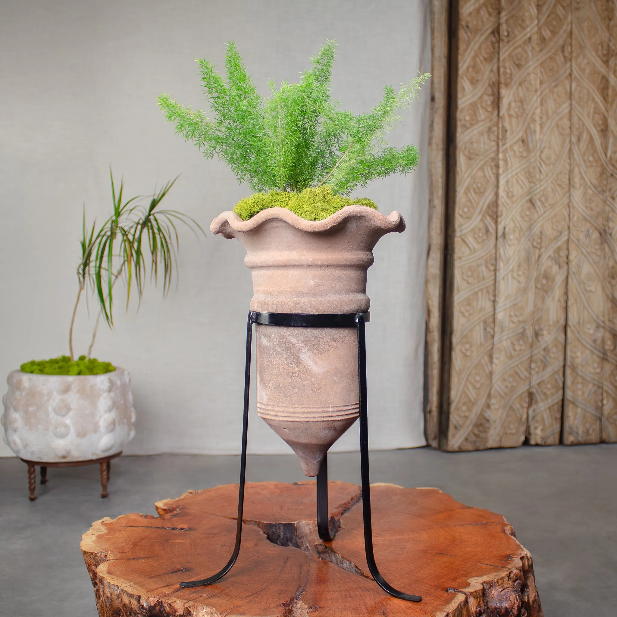 Vintage Trumpet Planter with Iron Stand. Vintage Terracotta pot.
