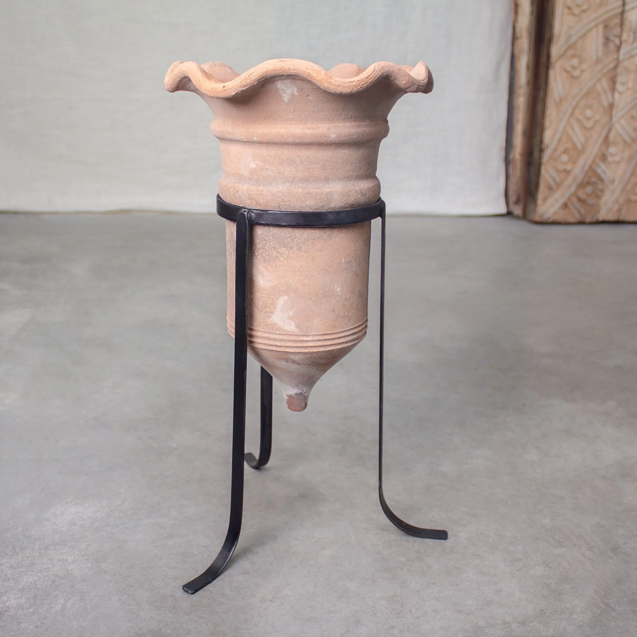 Vintage Trumpet Planter with Iron Stand. Vintage Terracotta pot.