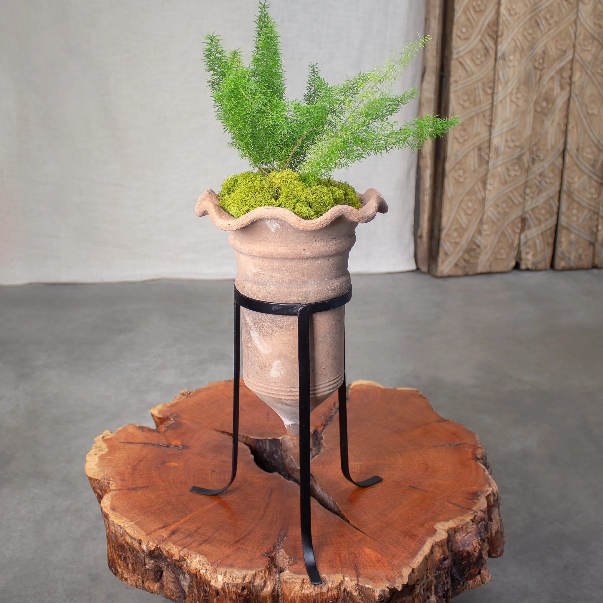 Vintage Trumpet Planter with Iron Stand. Vintage Terracotta pot.