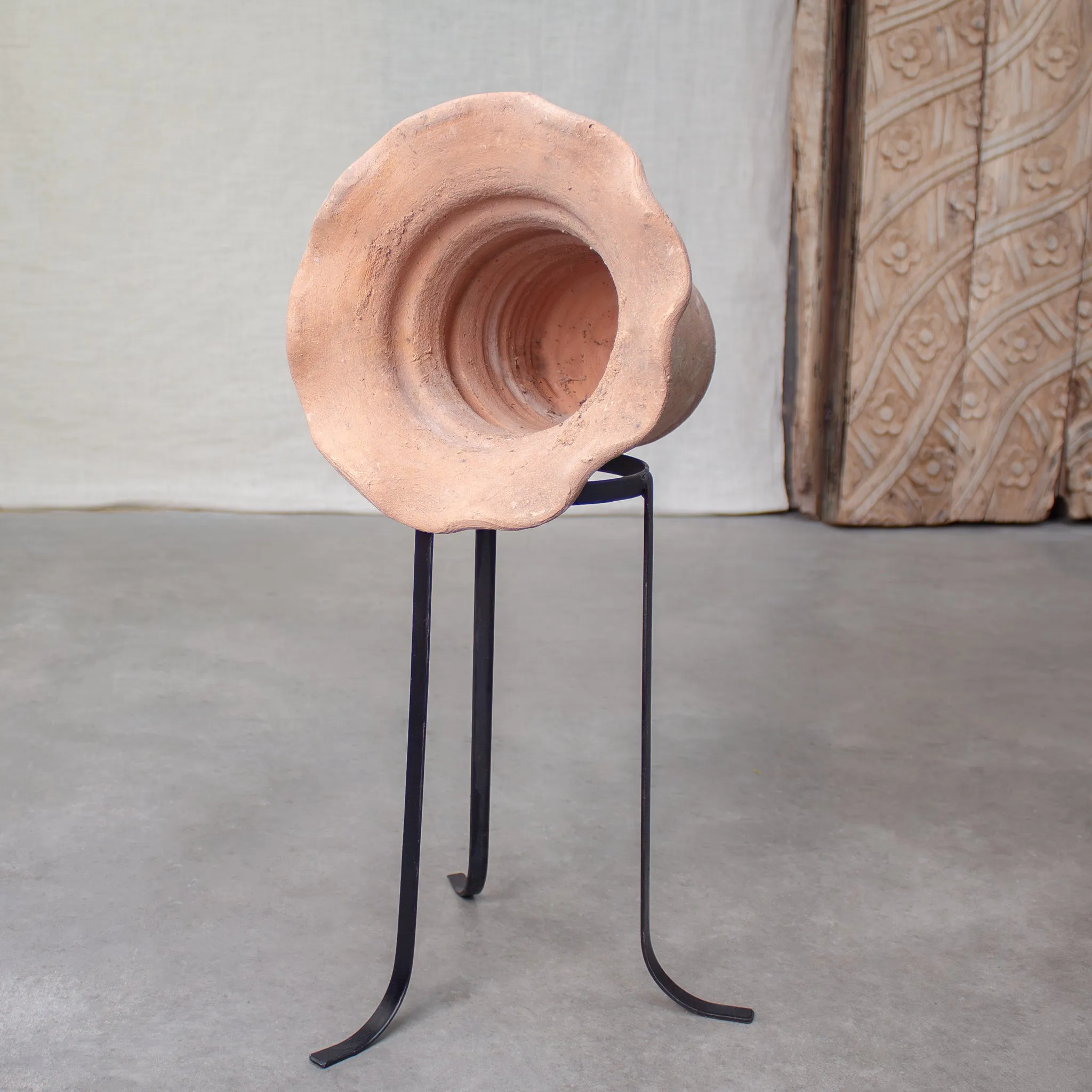 Vintage Trumpet Planter with Iron Stand. Vintage Terracotta pot.