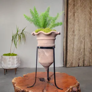 Vintage Trumpet Planter with Iron Stand. Vintage Terracotta pot.
