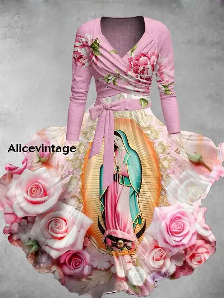 Virgen Maria Art Print  Vintage V-Neck Long Sleeve Two-Piece Dress