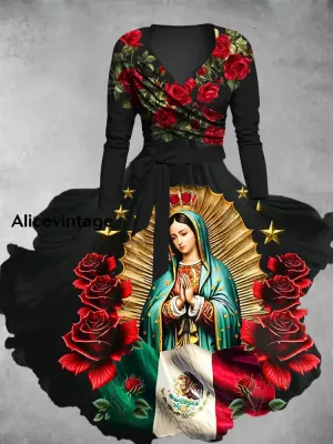 Virgen Maria Art Print  Vintage V-Neck Long Sleeve Two-Piece Dress