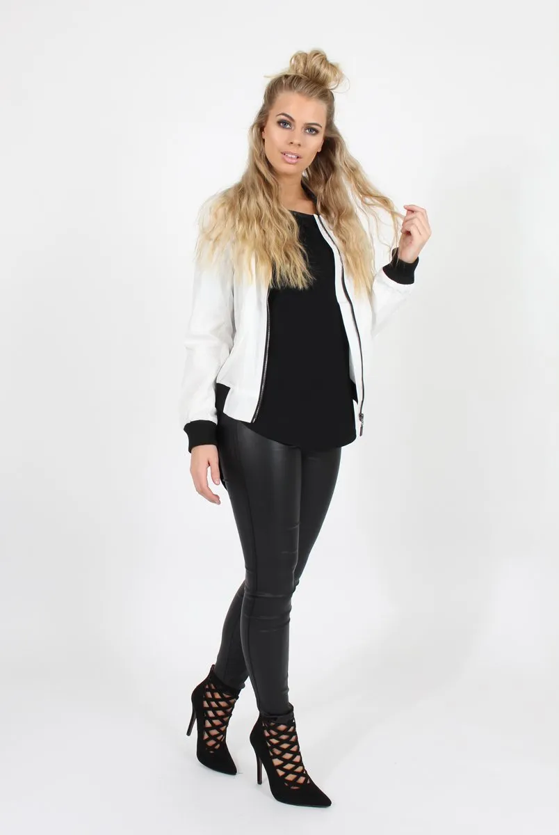 White Black Zip Bomber Jacket - Minah