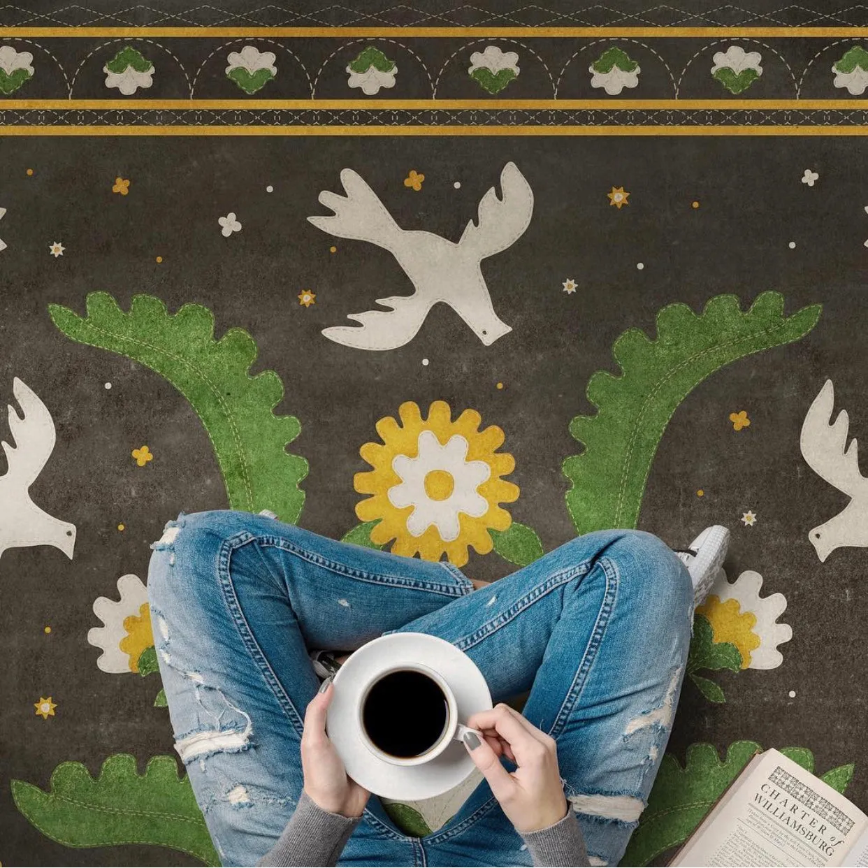 Williamsburg Applique "The Greenest Dells" Vinyl Floorcloth - Spicher & Co.