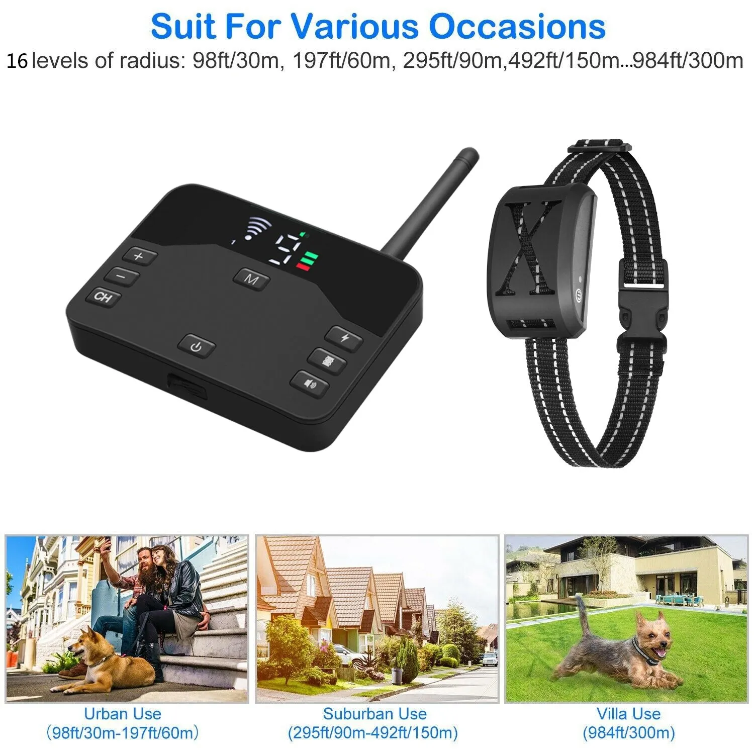 Wireless Dog Fence 2 in 1  Electric Pet Containment 4 Working Modes Waterproof Recharge Vibration Collar Shock Training Device