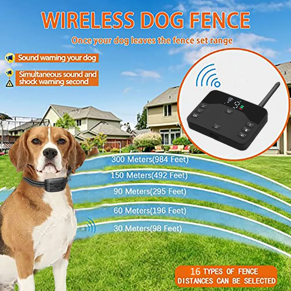Wireless Dog Fence 2 in 1  Electric Pet Containment 4 Working Modes Waterproof Recharge Vibration Collar Shock Training Device