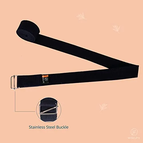 WiseLife Yoga Stretch Belt/Strap - Navy Blue | Best for Daily Stretching, Yoga, Pilates, Physical Therapy, Fitness | 8 Feet Premium Cotton Strech Band
