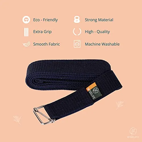 WiseLife Yoga Stretch Belt/Strap - Navy Blue | Best for Daily Stretching, Yoga, Pilates, Physical Therapy, Fitness | 8 Feet Premium Cotton Strech Band