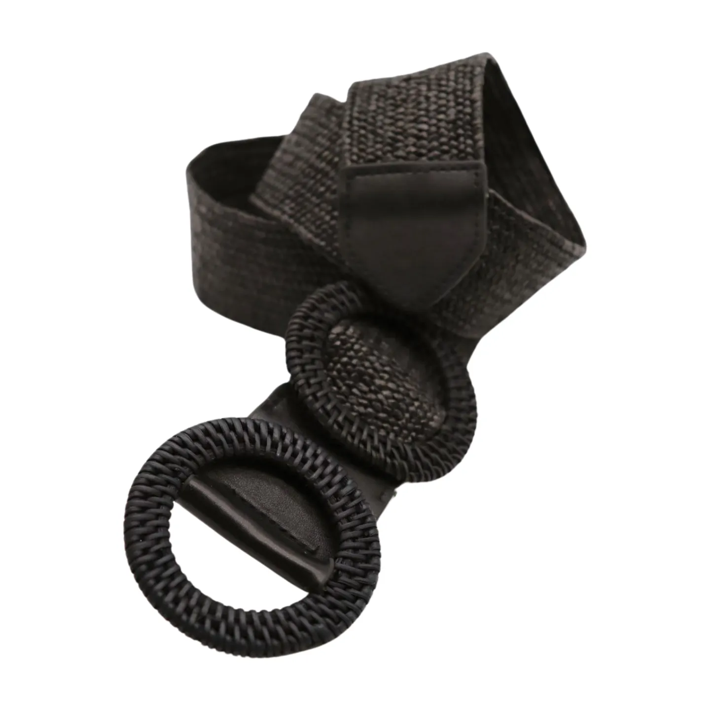 Women Black Braided Elastic Waistband Fabric Belt Double Round Buckle Size S M L