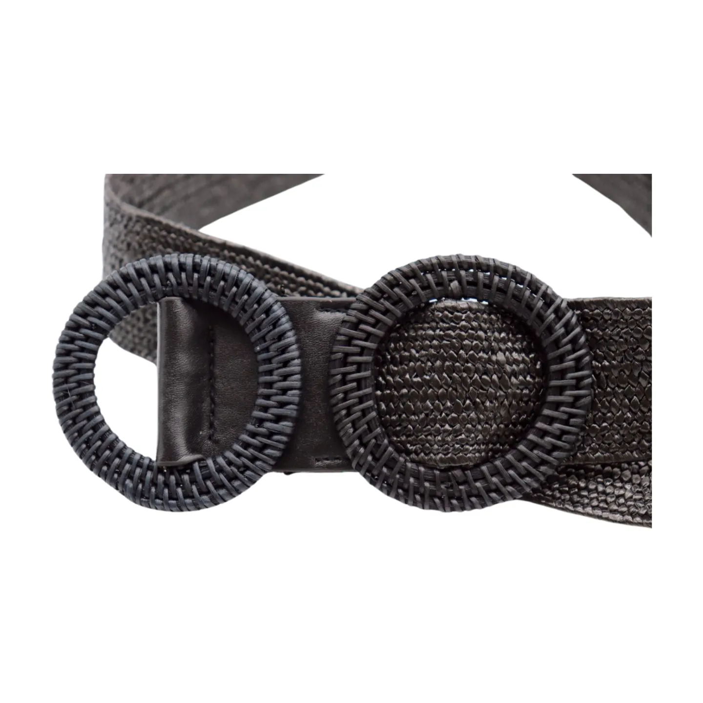 Women Black Braided Elastic Waistband Fabric Belt Double Round Buckle Size S M L