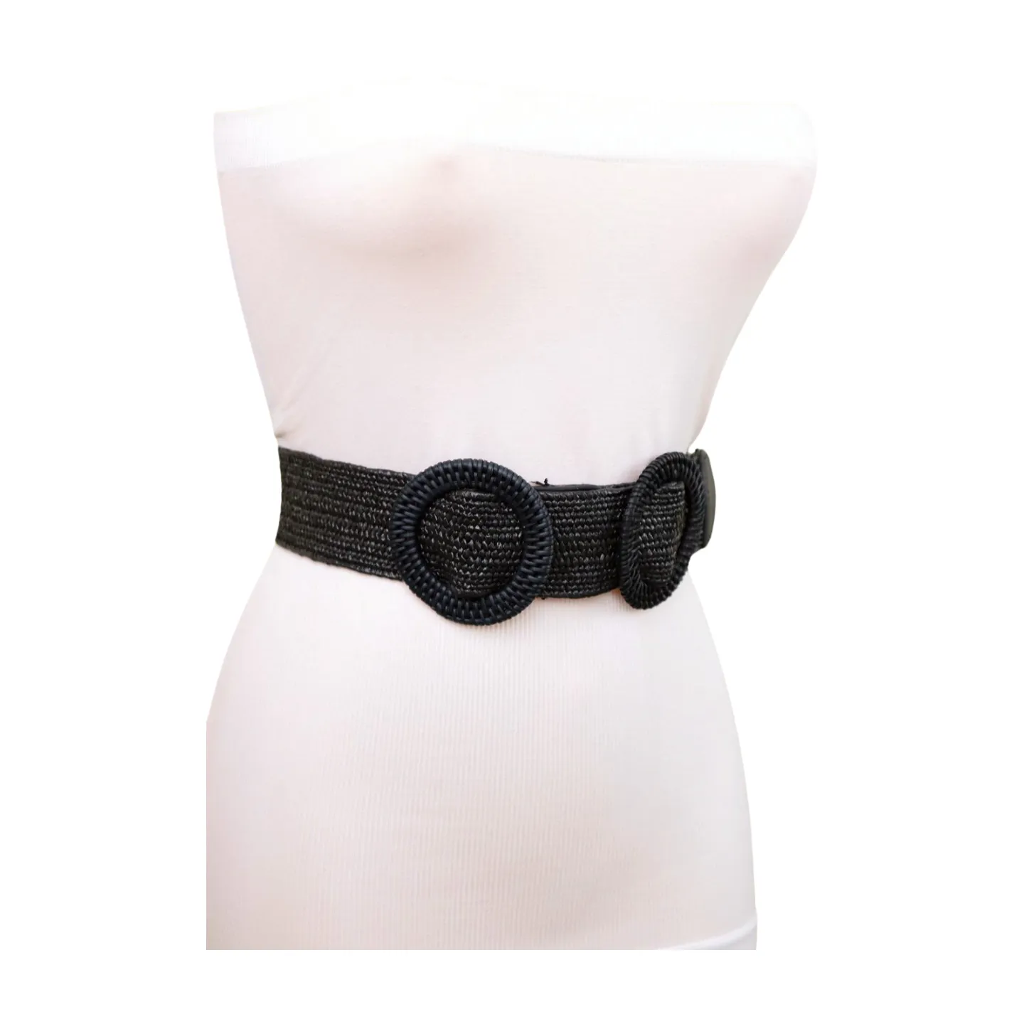 Women Black Braided Elastic Waistband Fabric Belt Double Round Buckle Size S M L