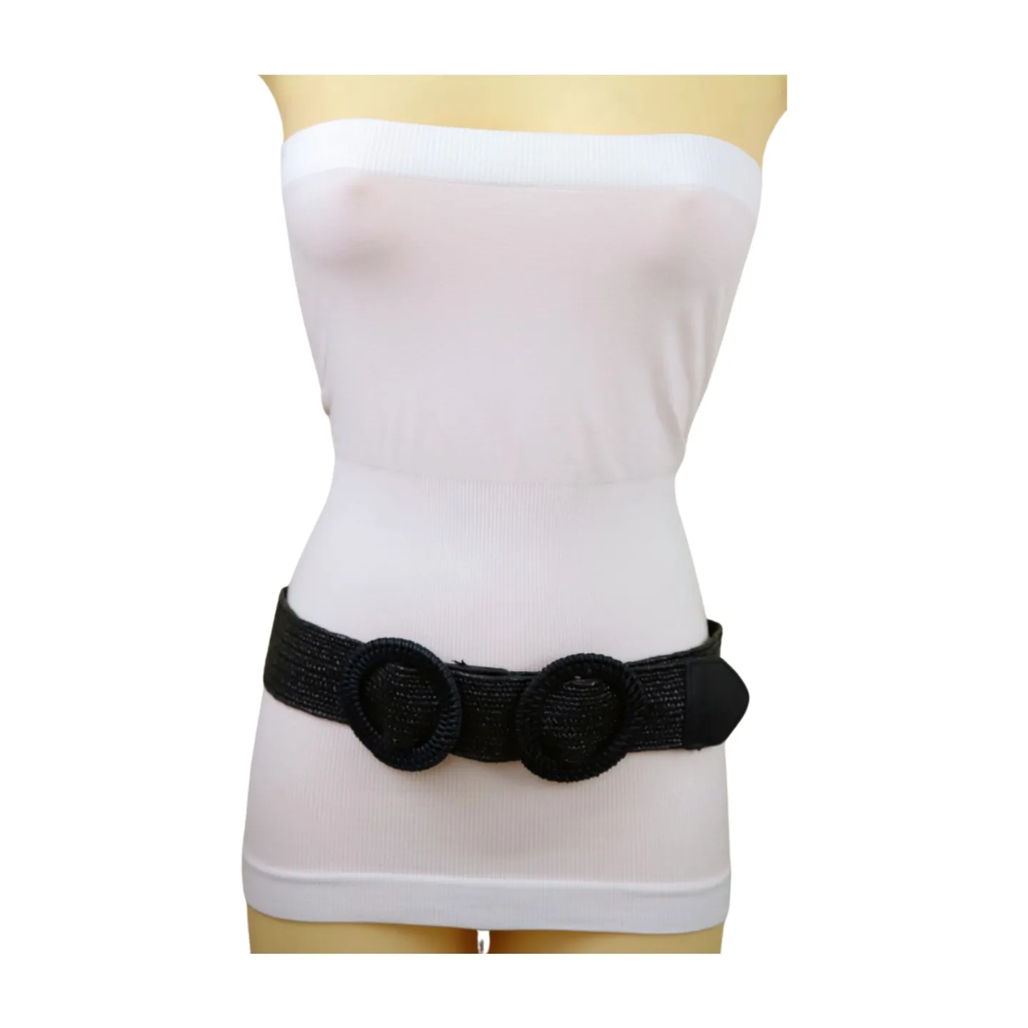Women Black Braided Elastic Waistband Fabric Belt Double Round Buckle Size S M L