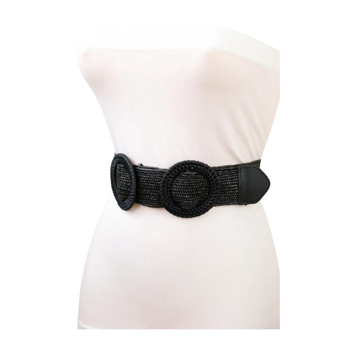 Women Black Braided Elastic Waistband Fabric Belt Double Round Buckle Size S M L