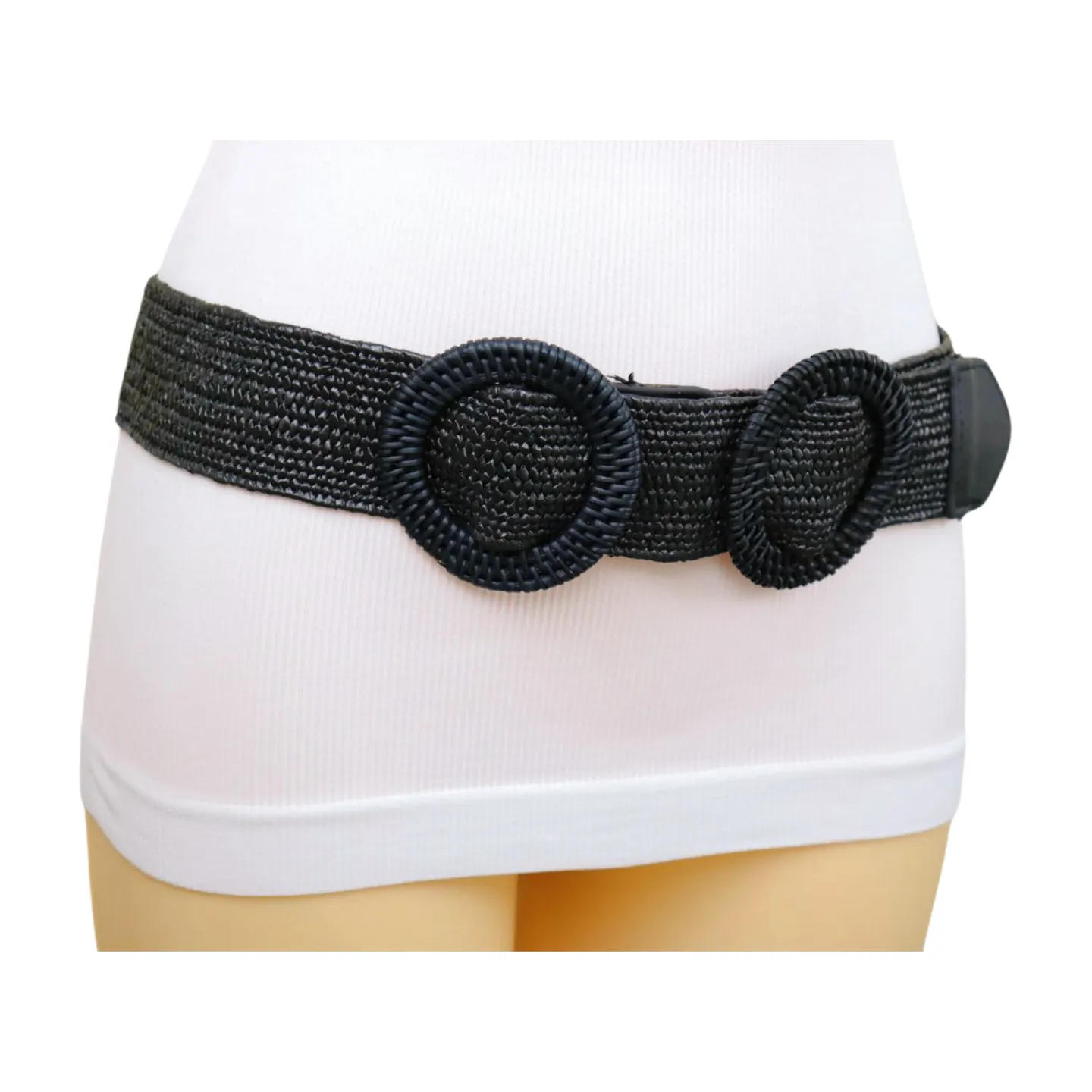 Women Black Braided Elastic Waistband Fabric Belt Double Round Buckle Size S M L