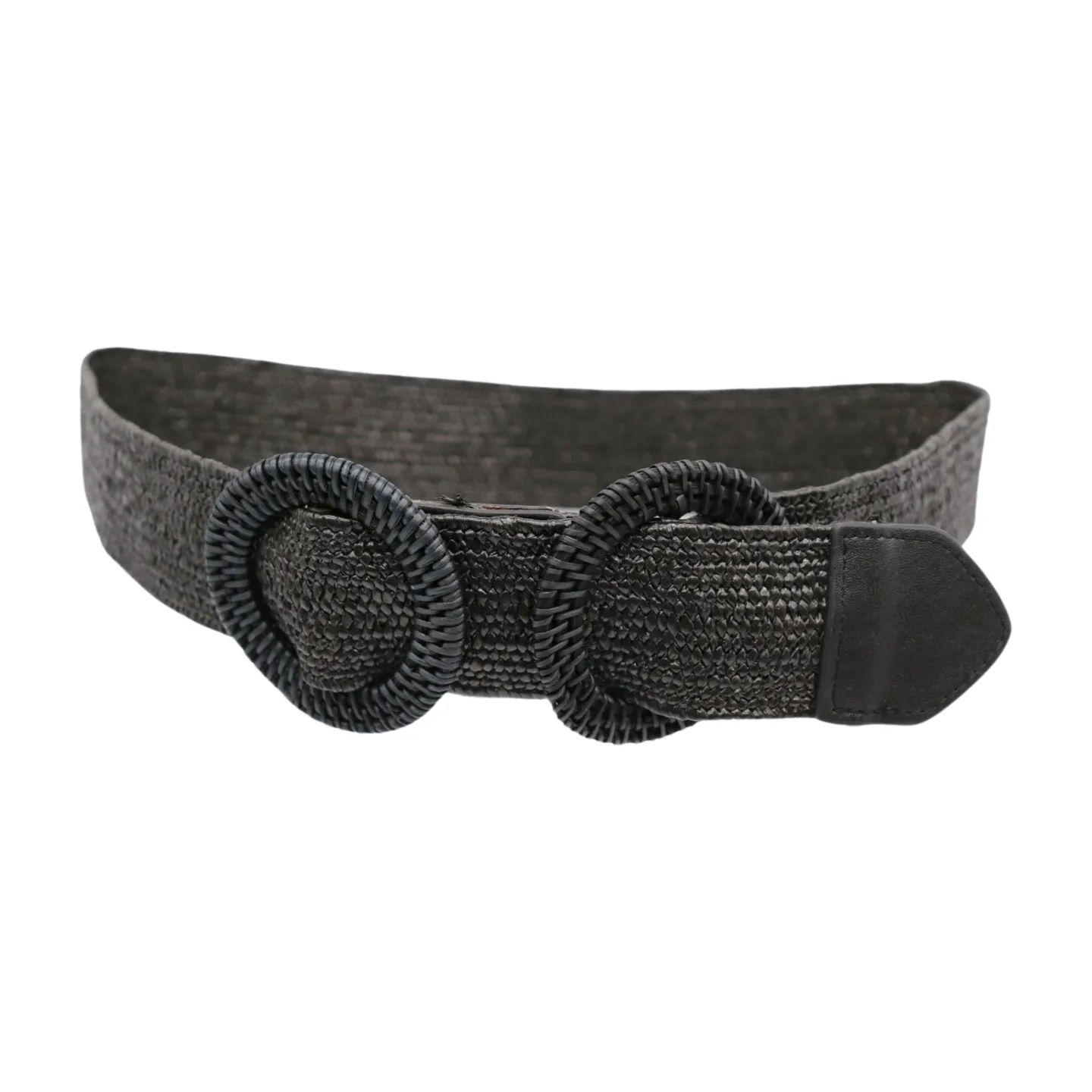 Women Black Braided Elastic Waistband Fabric Belt Double Round Buckle Size S M L