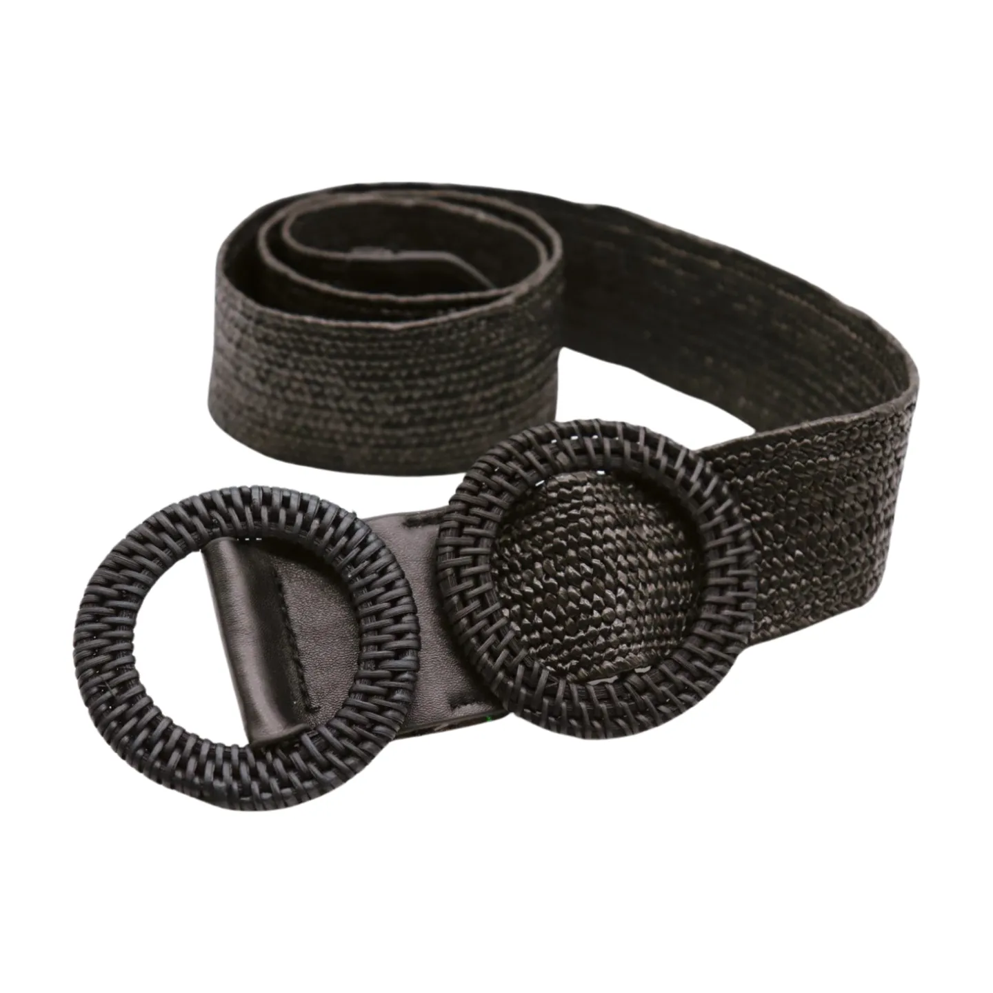 Women Black Braided Elastic Waistband Fabric Belt Double Round Buckle Size S M L