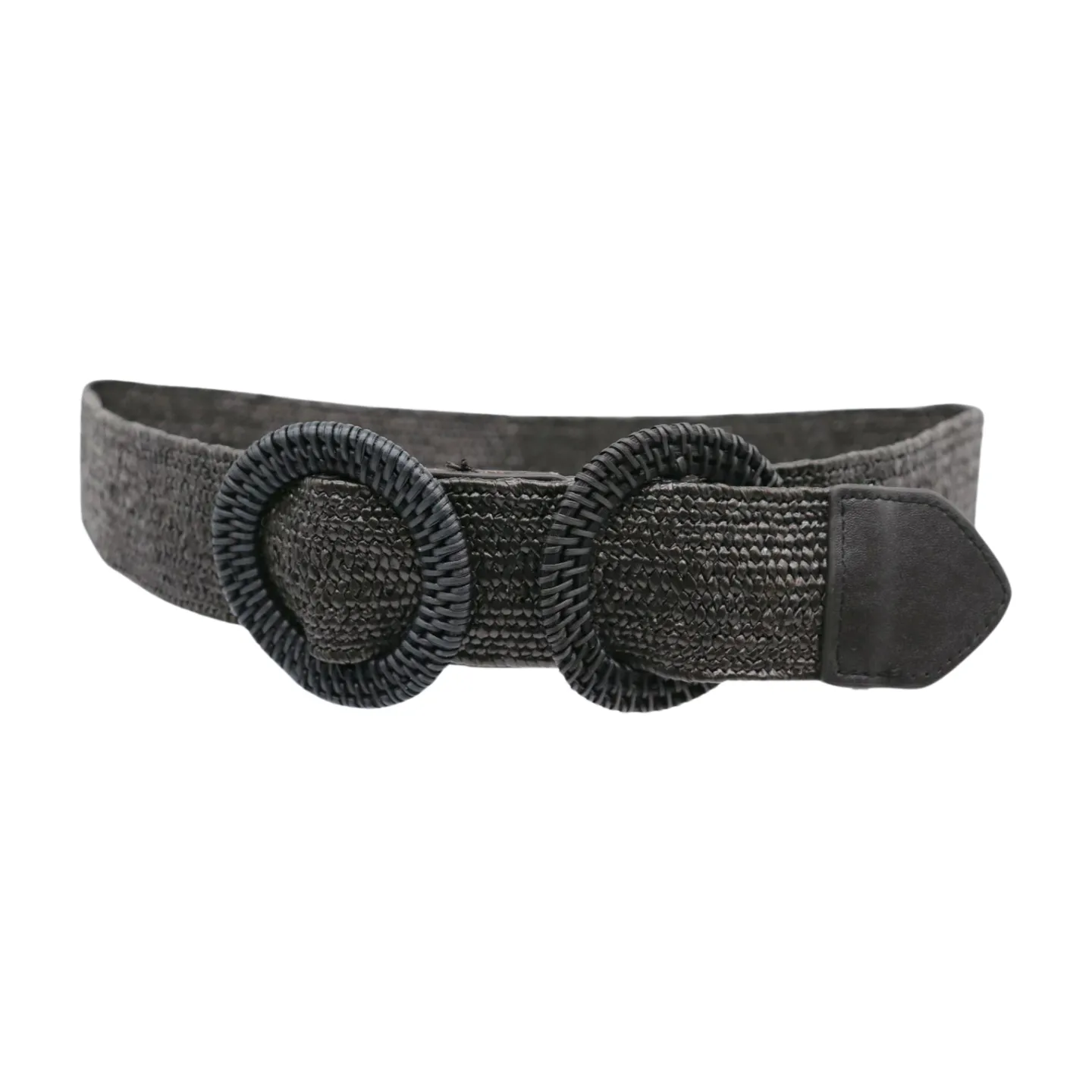 Women Black Braided Elastic Waistband Fabric Belt Double Round Buckle Size S M L