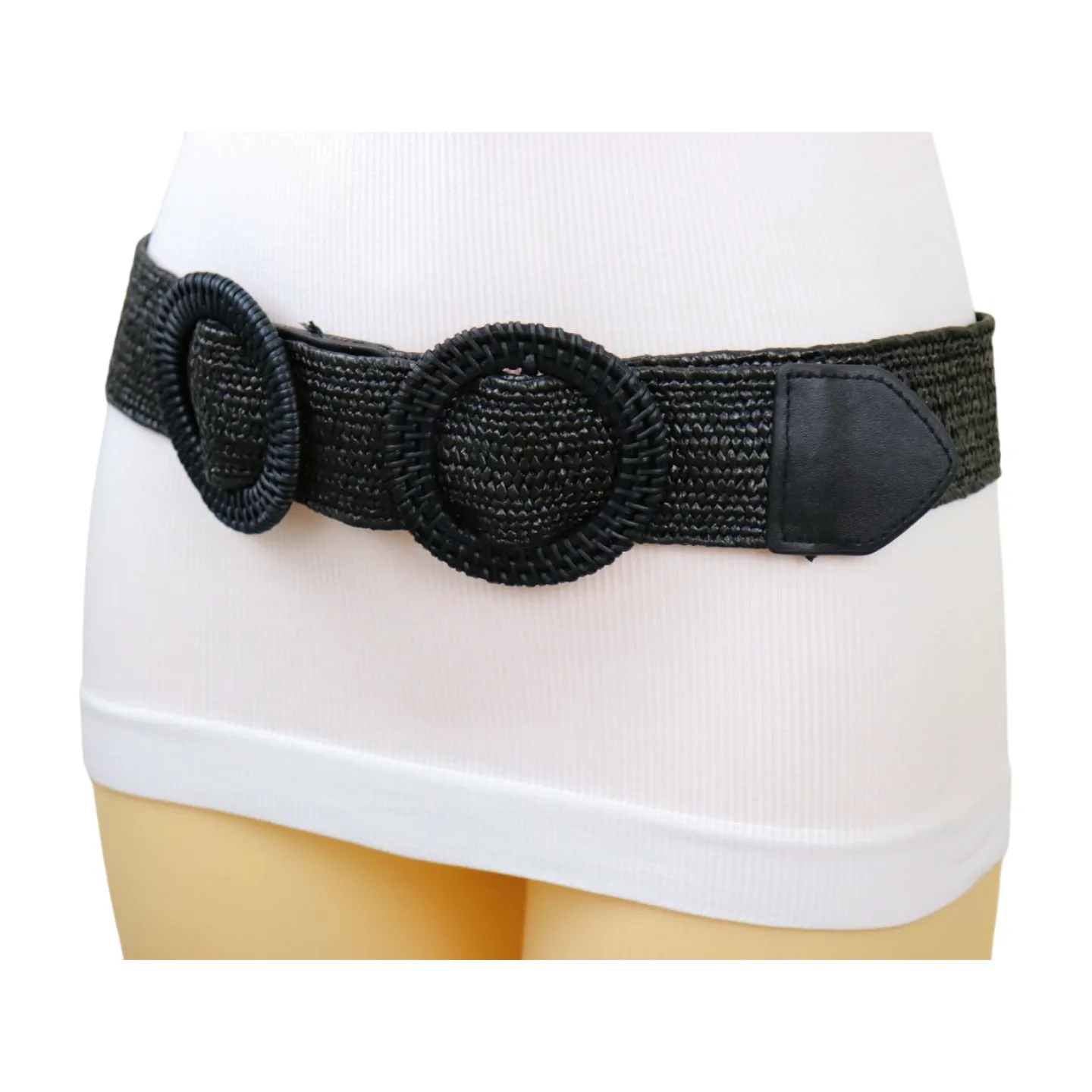 Women Black Braided Elastic Waistband Fabric Belt Double Round Buckle Size S M L
