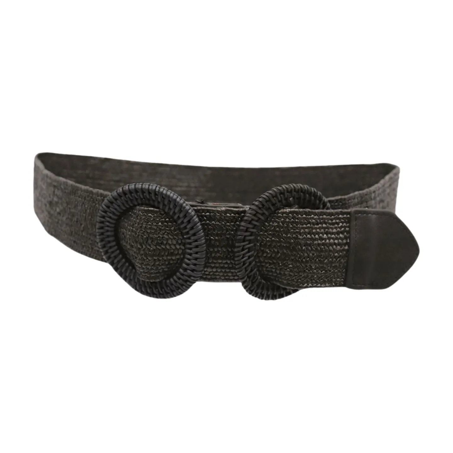 Women Black Braided Elastic Waistband Fabric Belt Double Round Buckle Size S M L