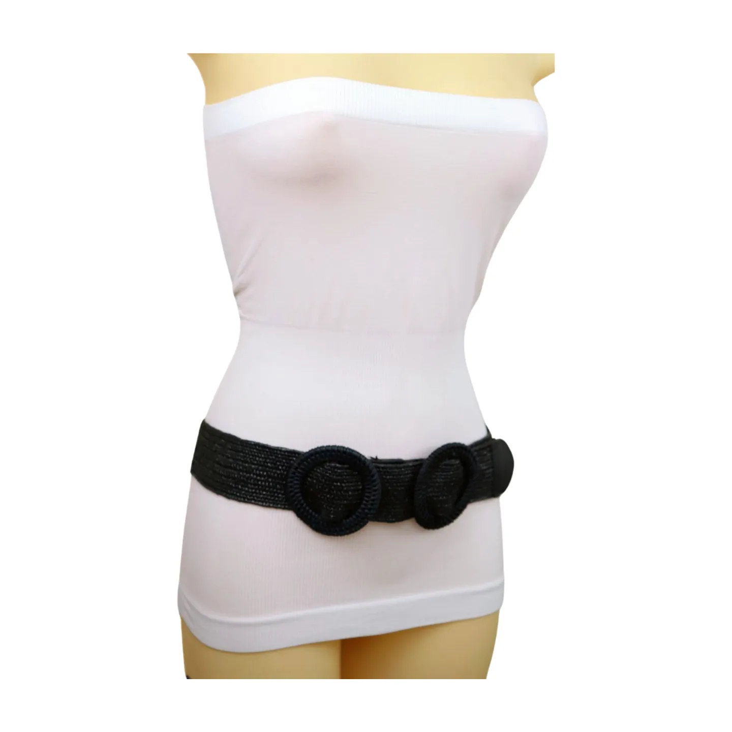Women Black Braided Elastic Waistband Fabric Belt Double Round Buckle Size S M L