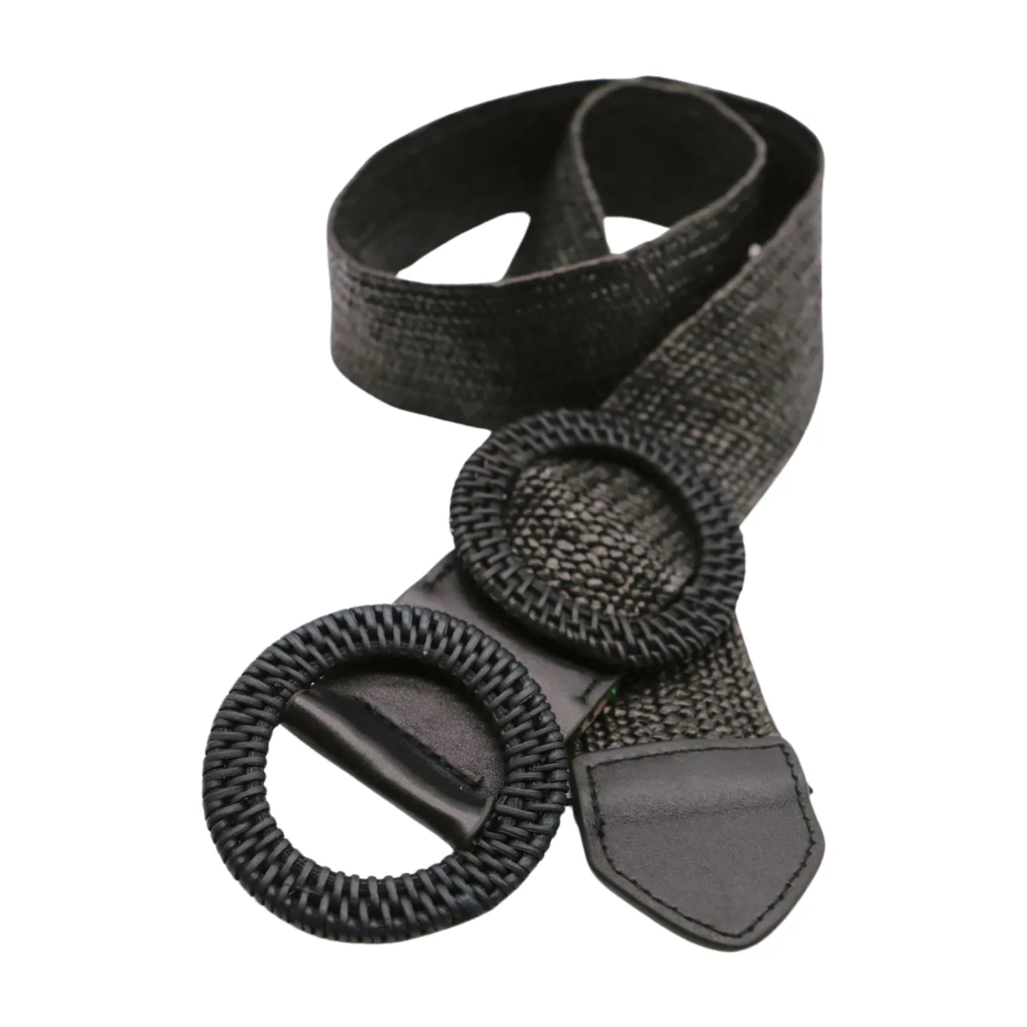 Women Black Braided Elastic Waistband Fabric Belt Double Round Buckle Size S M L
