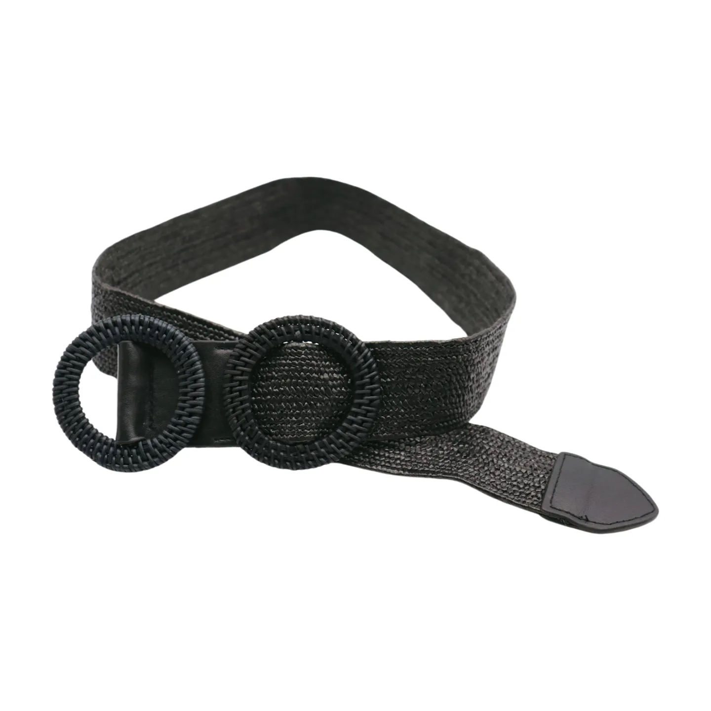 Women Black Braided Elastic Waistband Fabric Belt Double Round Buckle Size S M L