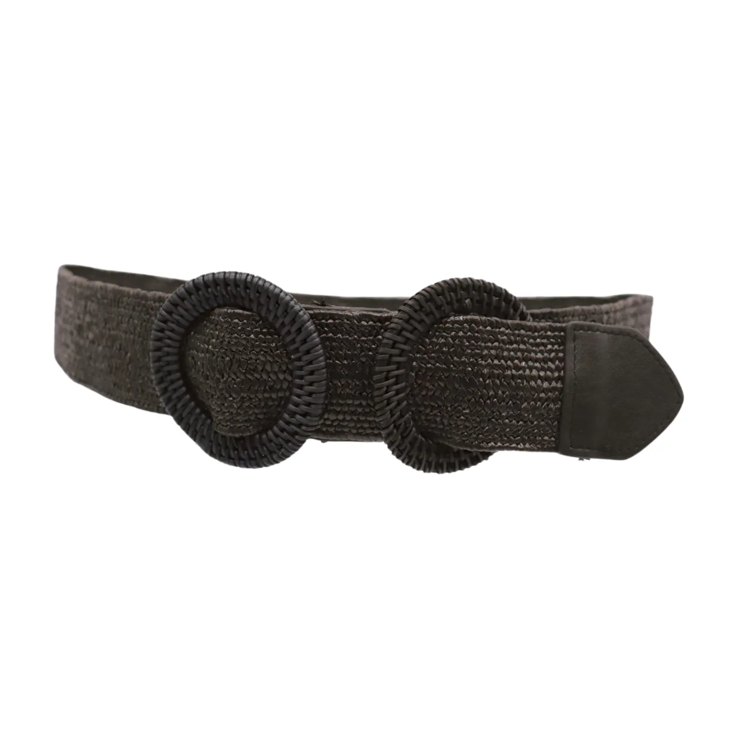 Women Black Braided Elastic Waistband Fabric Belt Double Round Buckle Size S M L