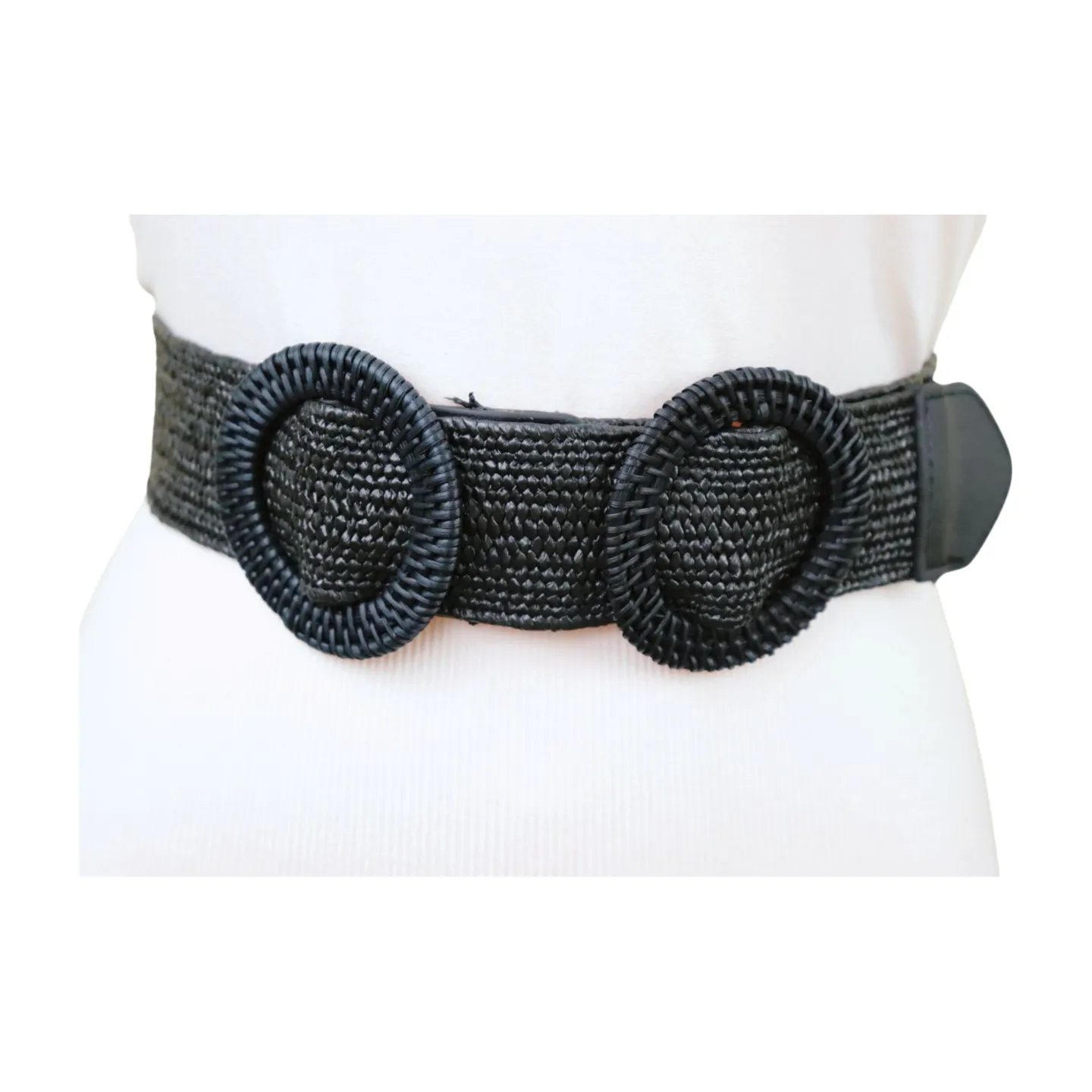 Women Black Braided Elastic Waistband Fabric Belt Double Round Buckle Size S M L