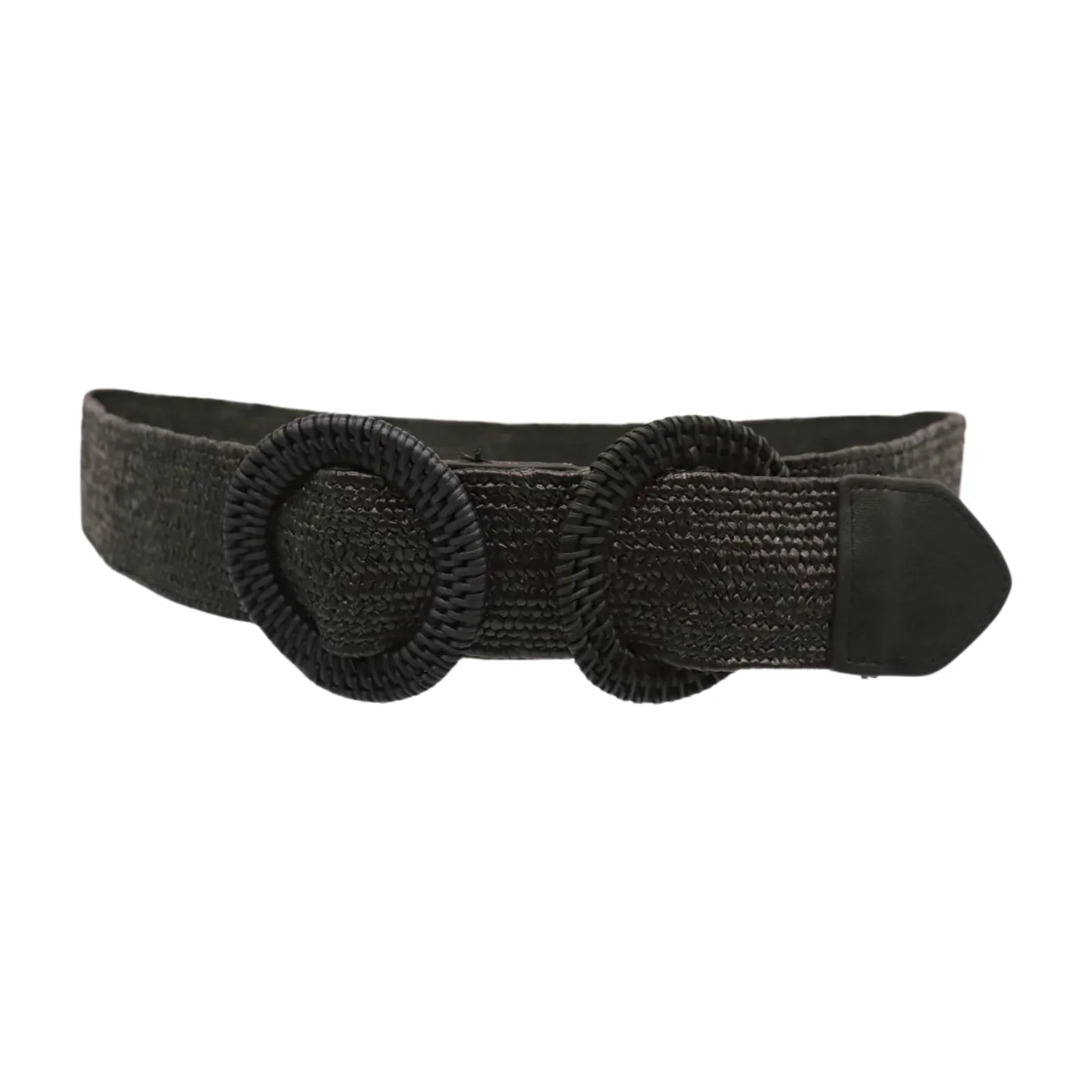 Women Black Braided Elastic Waistband Fabric Belt Double Round Buckle Size S M L