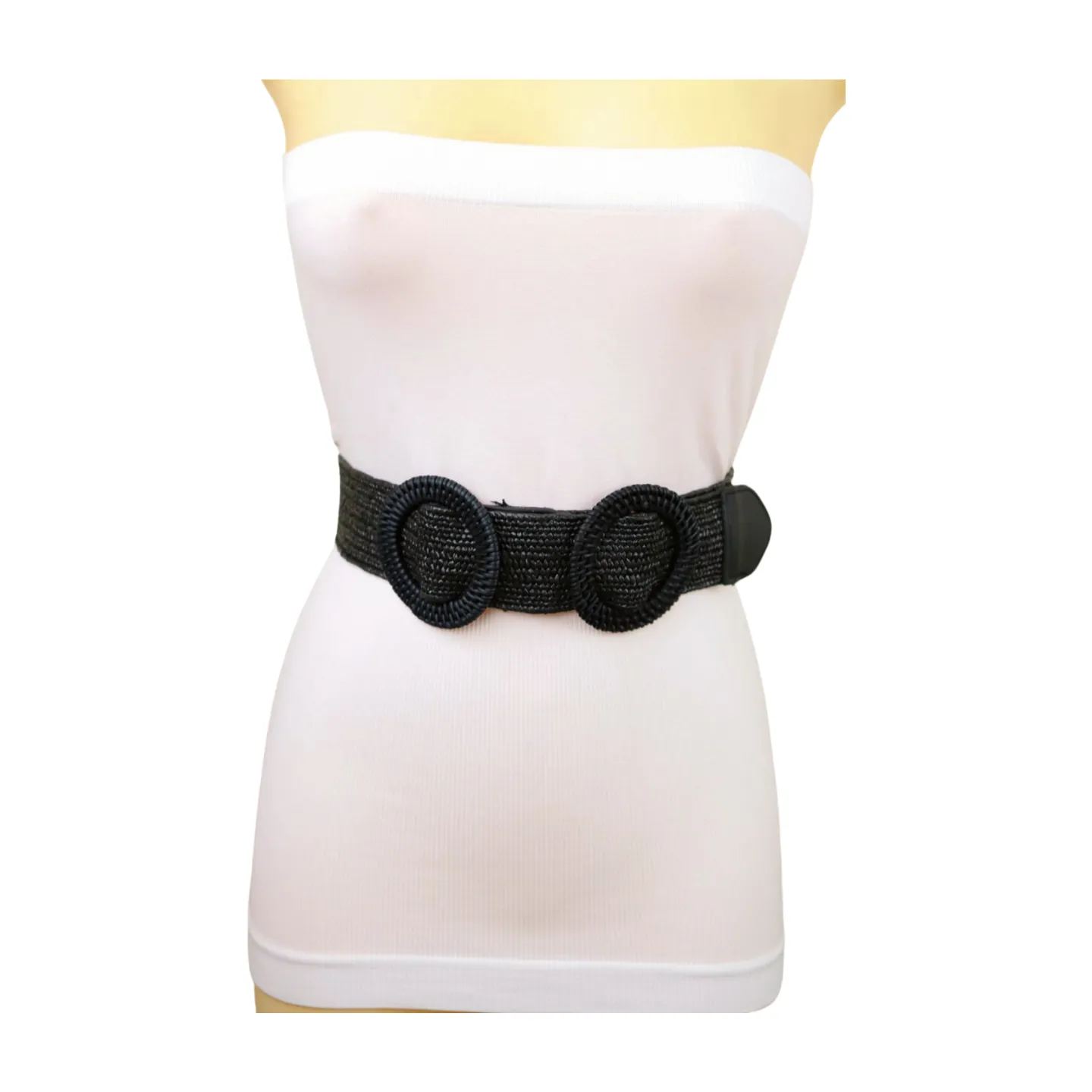 Women Black Braided Elastic Waistband Fabric Belt Double Round Buckle Size S M L