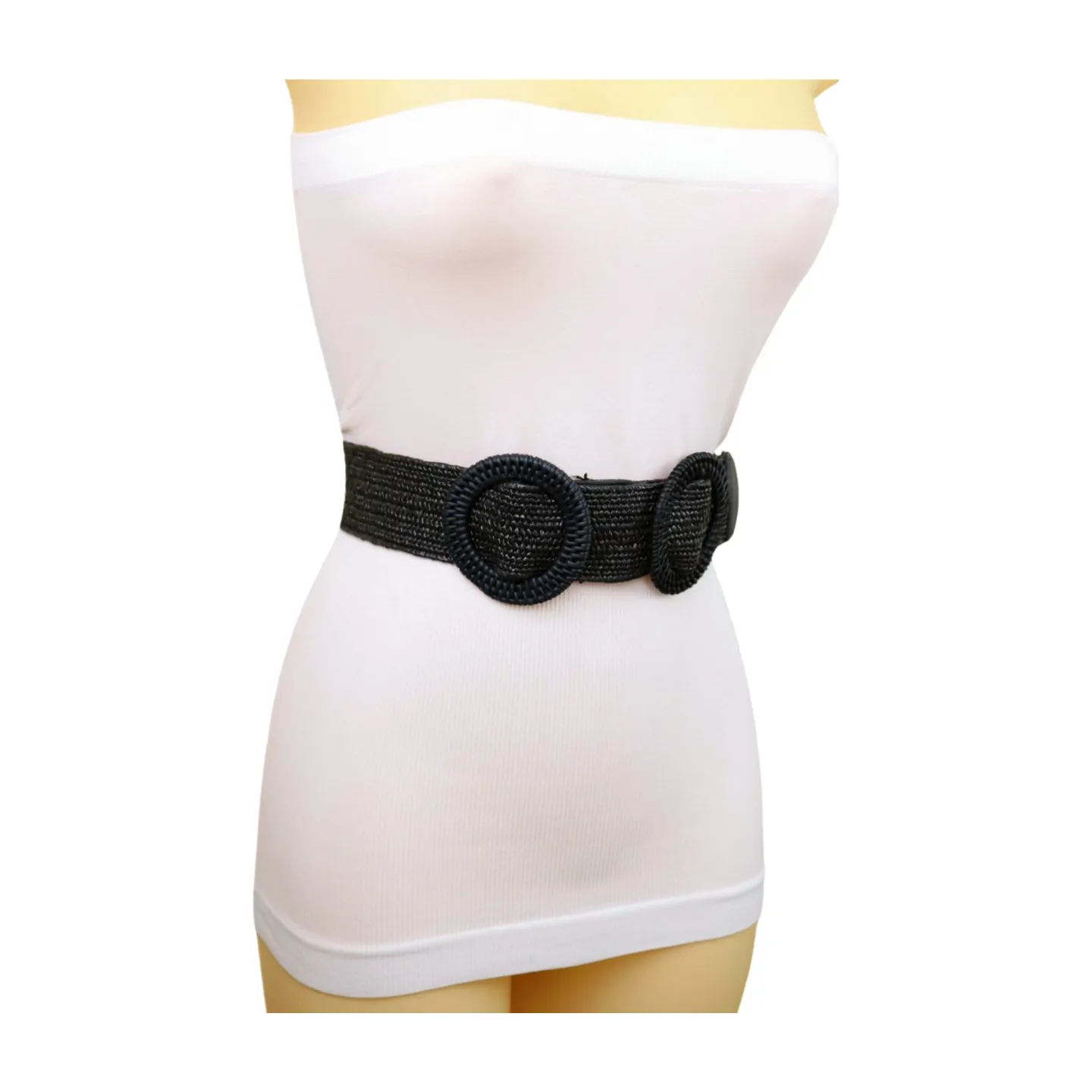 Women Black Braided Elastic Waistband Fabric Belt Double Round Buckle Size S M L