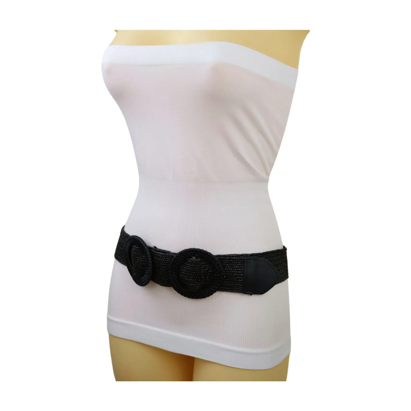 Women Black Braided Elastic Waistband Fabric Belt Double Round Buckle Size S M L