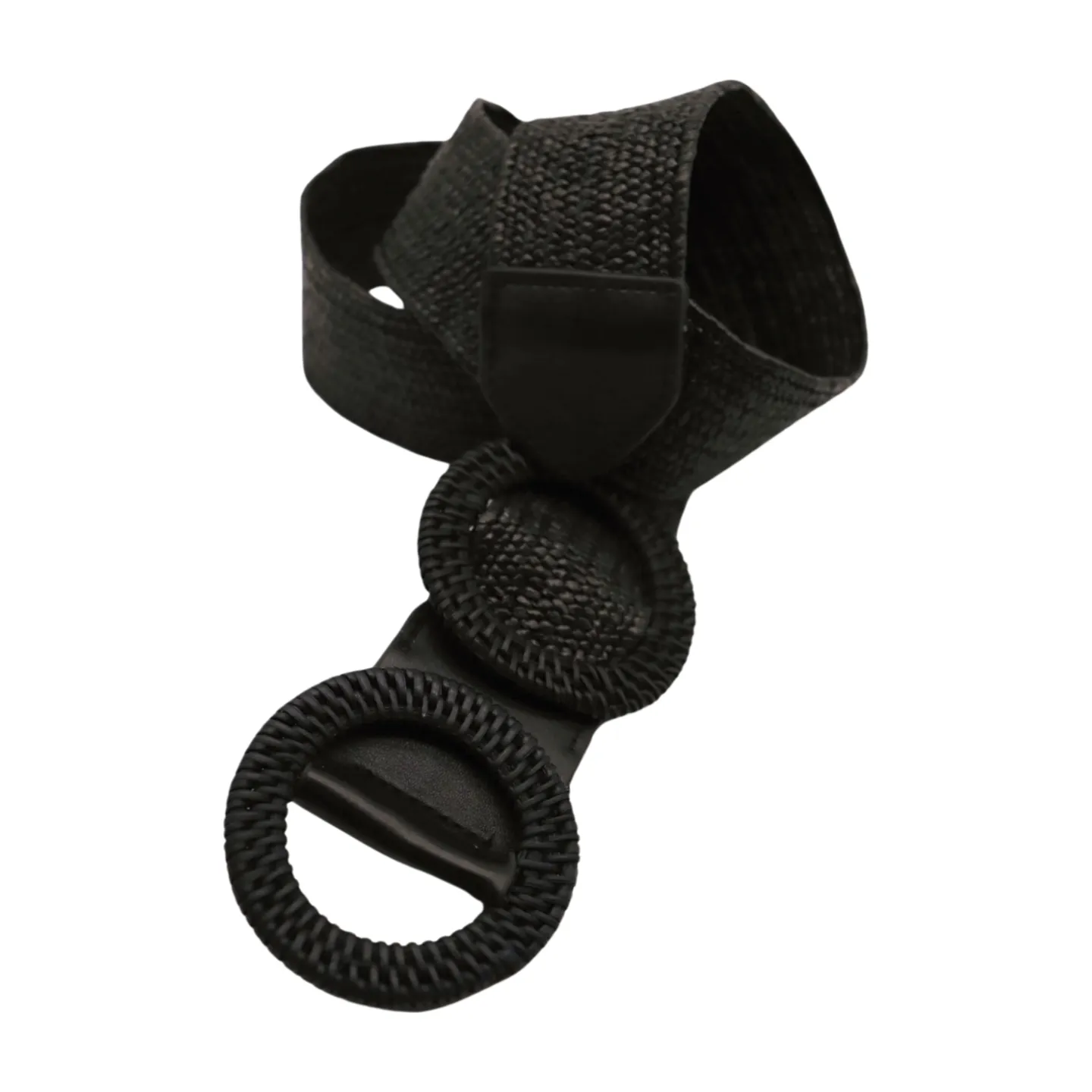 Women Black Braided Elastic Waistband Fabric Belt Double Round Buckle Size S M L