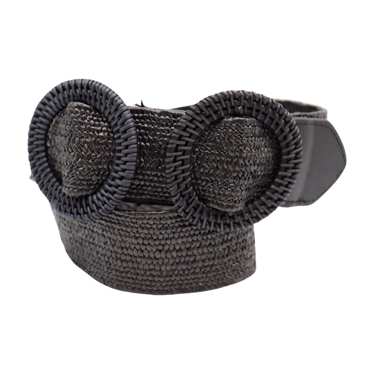 Women Black Braided Elastic Waistband Fabric Belt Double Round Buckle Size S M L