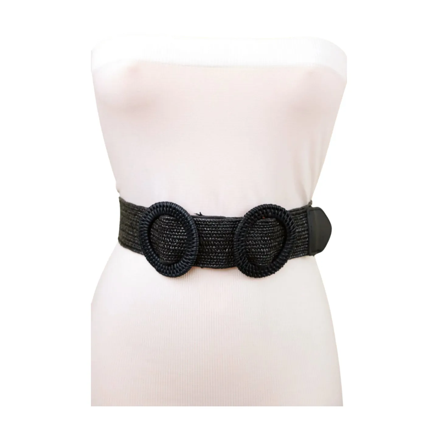 Women Black Braided Elastic Waistband Fabric Belt Double Round Buckle Size S M L