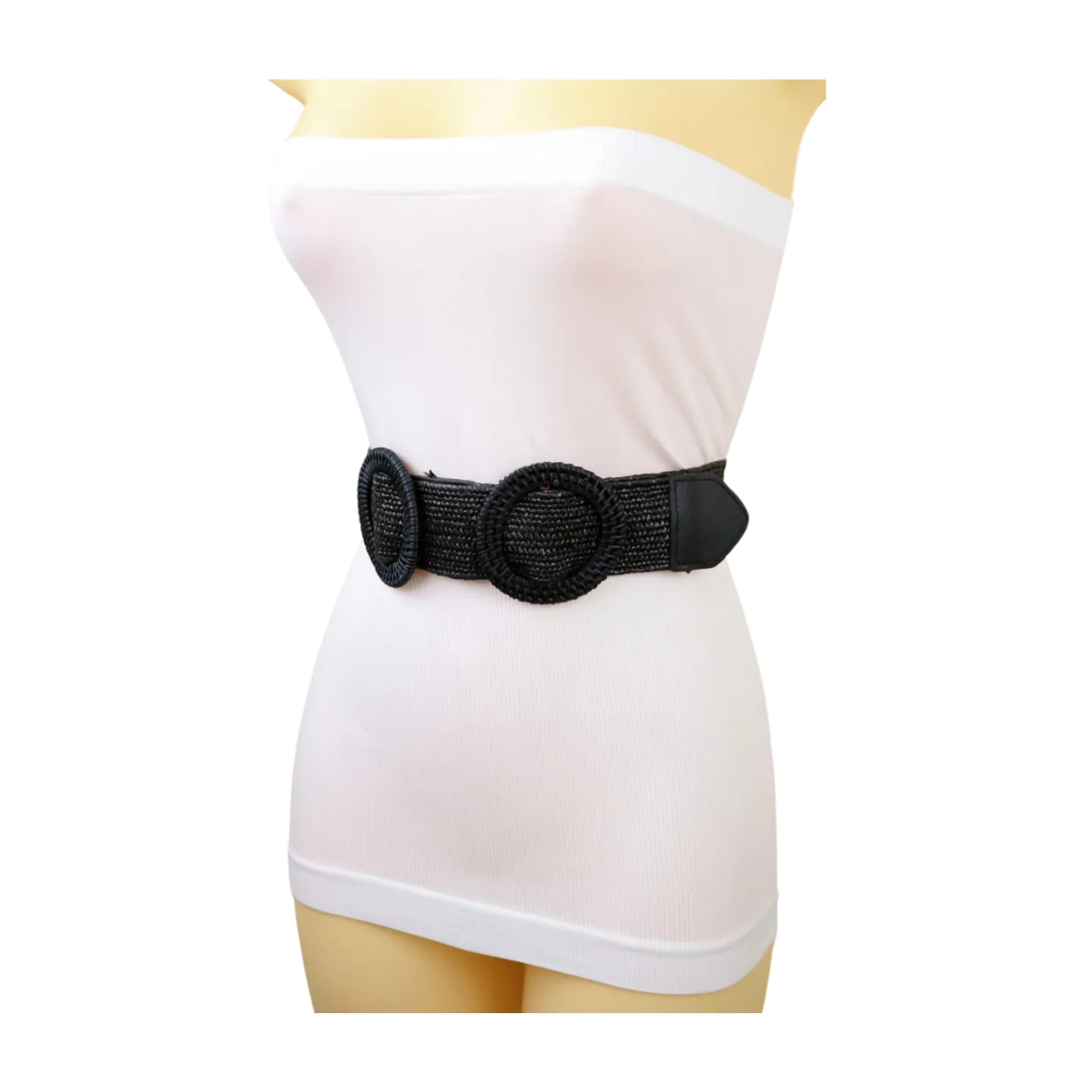 Women Black Braided Elastic Waistband Fabric Belt Double Round Buckle Size S M L
