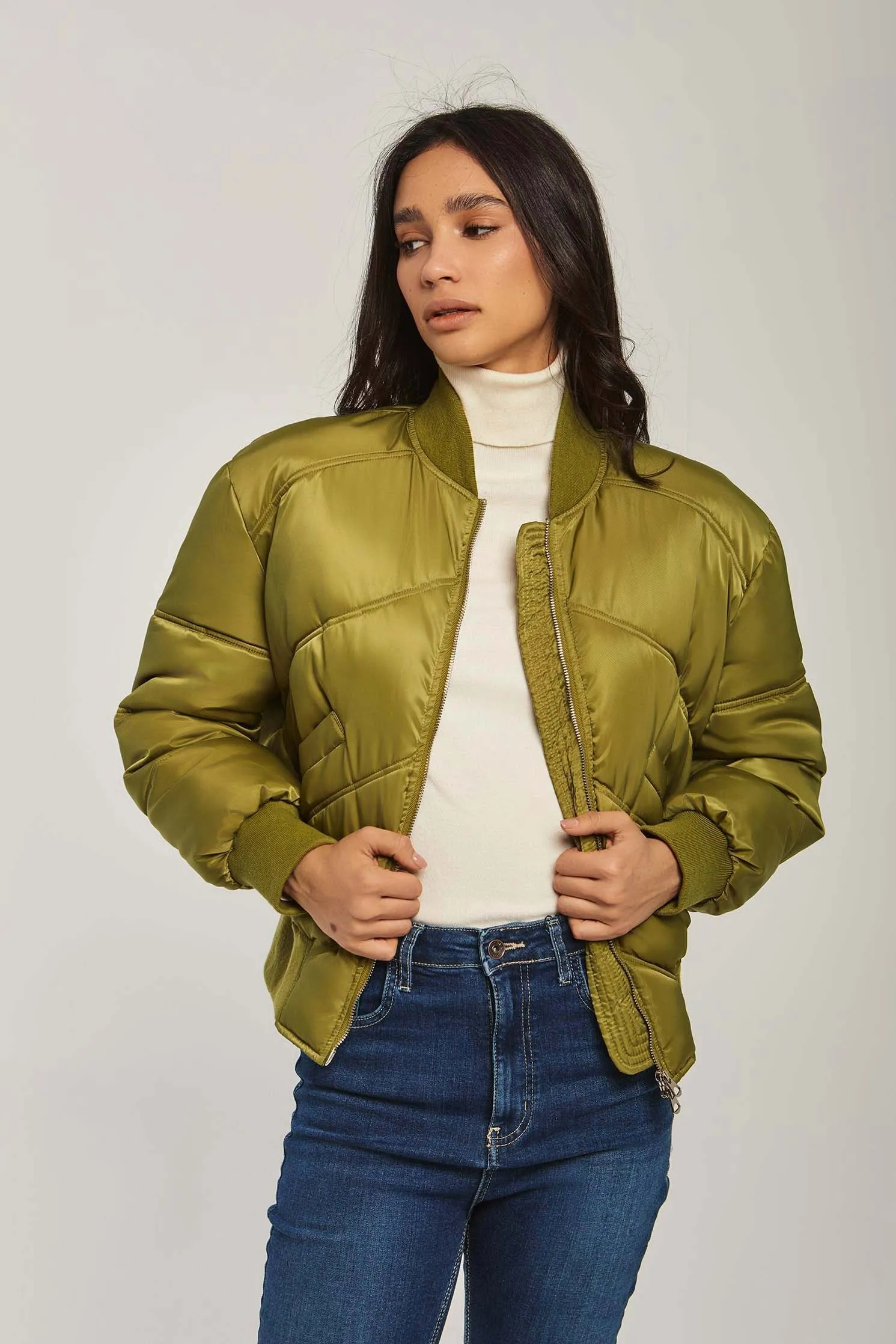 Women Jacket Long Loose Bomber Green