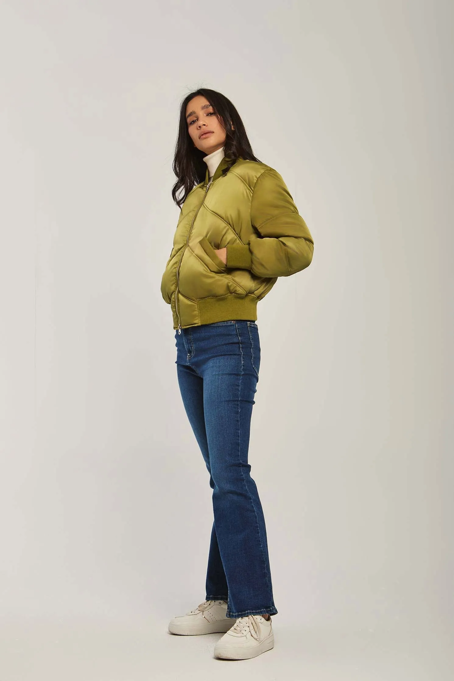 Women Jacket Long Loose Bomber Green