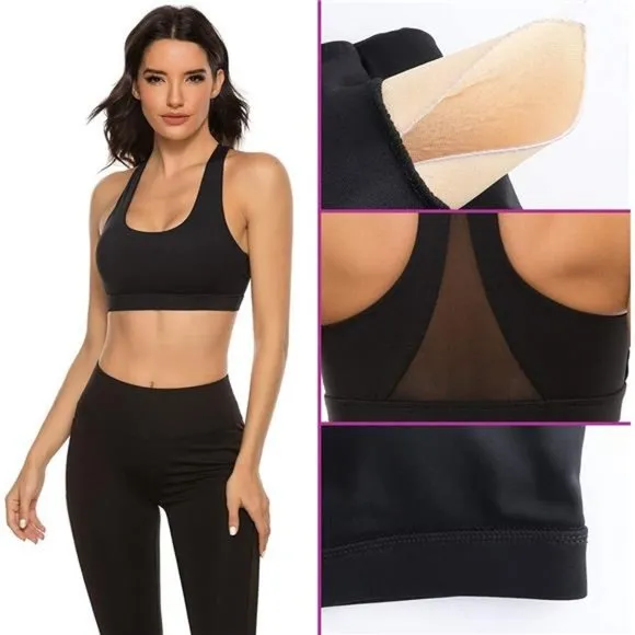 WOMENS Strappy Sports Bra Mesh Open Back Sports Bra for Workout Yoga Gym C-black