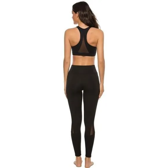 WOMENS Strappy Sports Bra Mesh Open Back Sports Bra for Workout Yoga Gym C-black