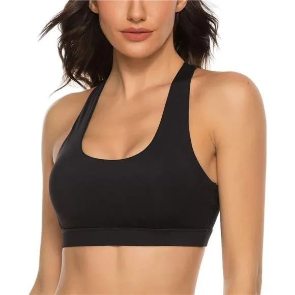 WOMENS Strappy Sports Bra Mesh Open Back Sports Bra for Workout Yoga Gym C-black