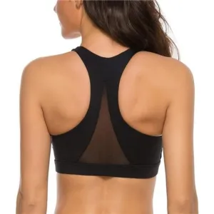 WOMENS Strappy Sports Bra Mesh Open Back Sports Bra for Workout Yoga Gym C-black